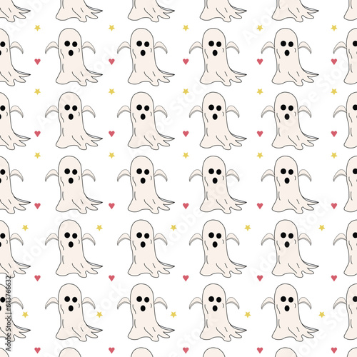 Halloween ghost pattern repeats print background. Doodle cute ghosts Haloween seamless pattern. Background with simple spooky characters or scary ghostly monsters