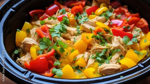 Creamy and flavorful coconut curry chicken simmering in a slow cooker, with colorful bell peppers. 