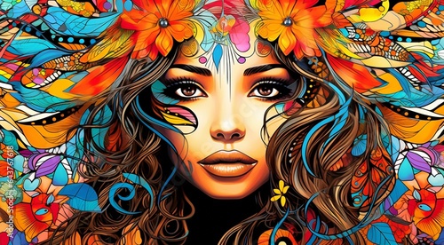 abstractportrait of a woman with flowers an nabstract colored background, abstract girl with colored background, abstract womans portrait photo