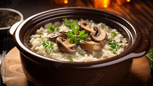 Creamy mushroom risotto cooking in a slow cooker, with earthy flavors and Parmesan cheese. 