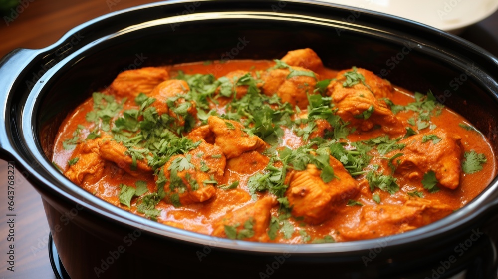 Fragrant and flavorful butter chicken simmering in a slow cooker, with a creamy tomato sauce. 