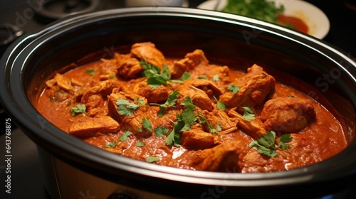 Fragrant chicken tikka masala simmering in a slow cooker, with a creamy tomato-based sauce. 