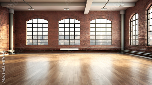 Large empty studio - dance room with wooden floor  brick wall  large windows