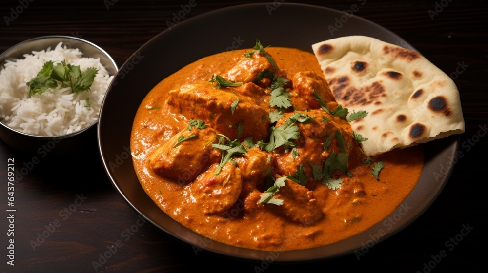 Fragrant Indian butter chicken simmering in an Instant Pot, with creamy tomato sauce and a side of naan.