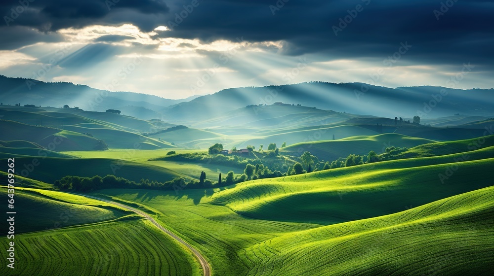 the sun shines through the clouds over the rolling hills. generative ai the sun shines through the clouds over the rolling hills. generative ai