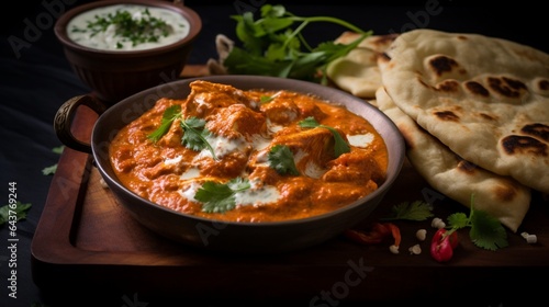 Fragrant Indian butter chicken simmering in an Instant Pot, with creamy tomato sauce and a side of naan. 