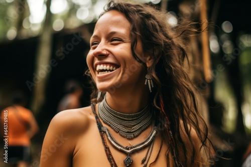 Close-up portrait photography of a happy girl in her 40s wearing a bold body chain at the tikal national park in peten guatemala. With generative AI technology