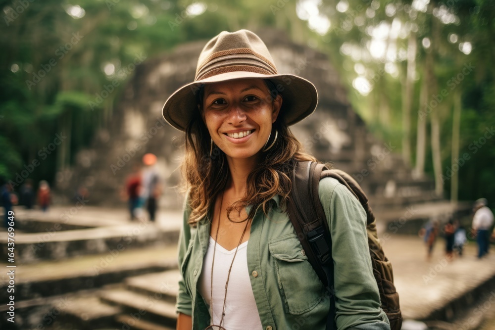 Photography in the style of pensive portraiture of a happy girl in her 30s wearing a stylish trapper hat at the tikal national park in peten guatemala. With generative AI technology