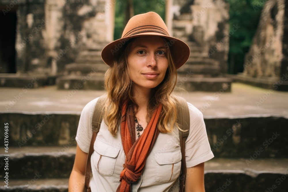 Photography in the style of pensive portraiture of a happy girl in her 30s wearing a stylish trapper hat at the tikal national park in peten guatemala. With generative AI technology
