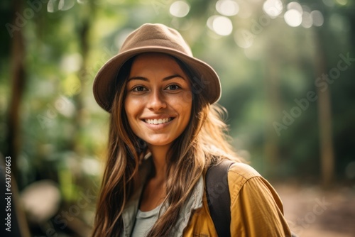 Photography in the style of pensive portraiture of a happy girl in her 30s wearing a stylish trapper hat at the tikal national park in peten guatemala. With generative AI technology photo