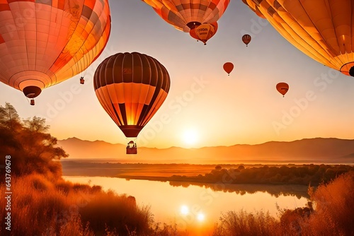 A hot air balloon gracefully takes to the sky against the backdrop of a breathtaking sunrise