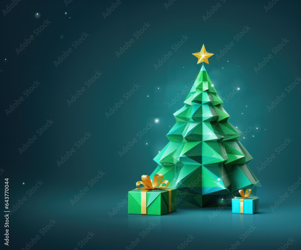 Creative polygonal Christmas tree with gifts on green background and copy space. 