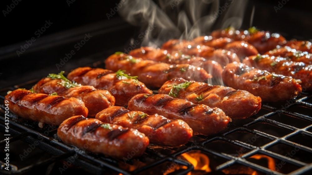 Sausage links sizzling and browning on a griddle, filling the air with a delightful aroma. 