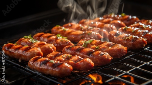 Sausage links sizzling and browning on a griddle, filling the air with a delightful aroma. 