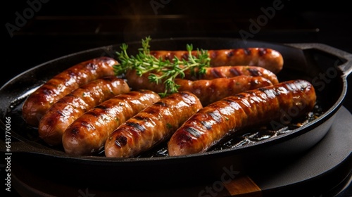 Sausage links sizzling and browning on a griddle, filling the air with a delightful aroma.