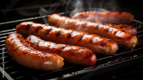 Sizzling breakfast sausages and bacon side by side on a hot griddle.