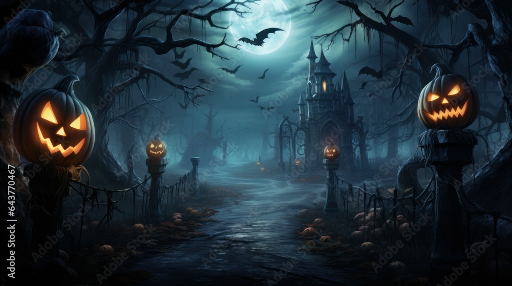 Halloween-Themed Moonlit Forest Scene - obrazy, fototapety, plakaty 