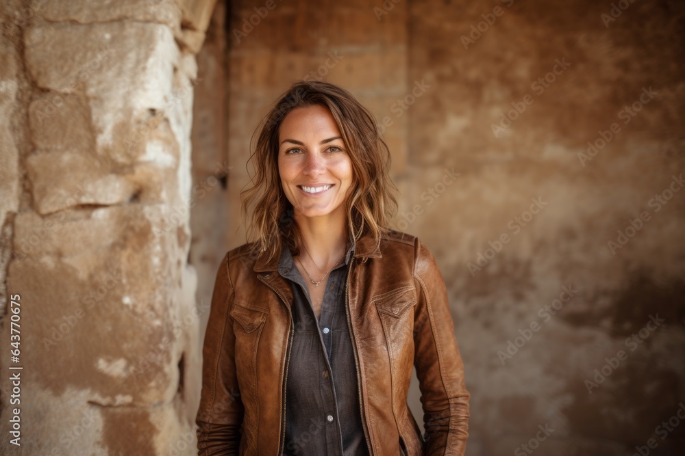 Close-up portrait photography of a happy girl in her 40s wearing a stylish leather blazer at the crac des chevaliers in homs governorate syria. With generative AI technology