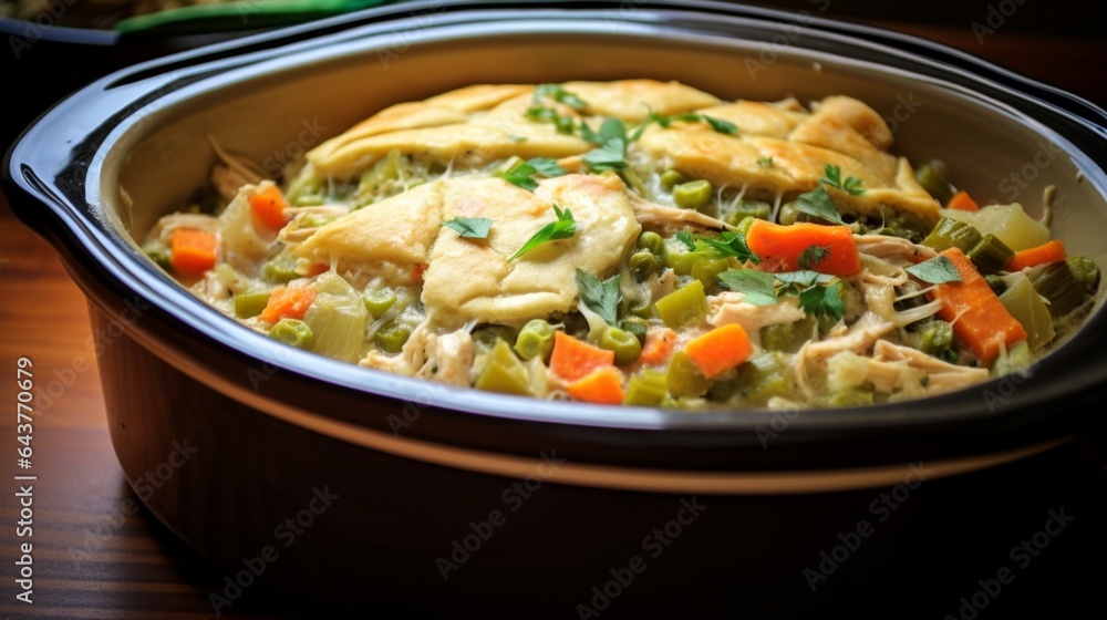 Slow cooker filled with hearty and savory chicken pot pie filling, ready for a flaky crust. 