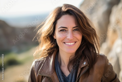 Close-up portrait photography of a happy girl in her 40s wearing a stylish leather blazer at the crac des chevaliers in homs governorate syria. With generative AI technology