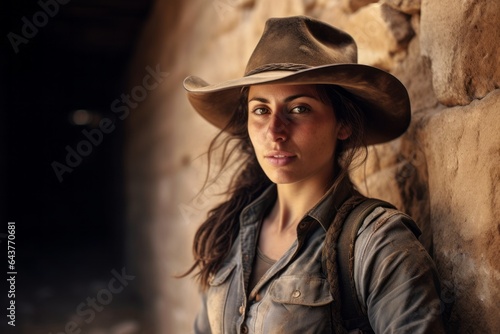 Environmental portrait photography of a satisfied girl in her 30s wearing a rugged cowboy hat at the crac des chevaliers in homs governorate syria. With generative AI technology © Markus Schröder