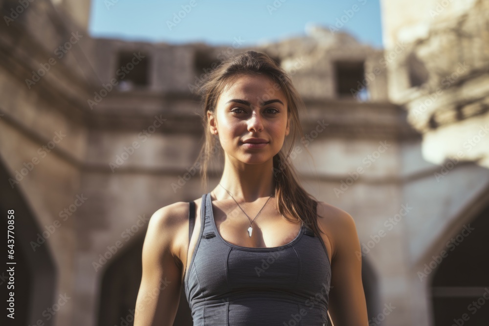 Medium shot portrait photography of a content girl in his 20s wearing a stylish sports bra at the crac des chevaliers in homs governorate syria. With generative AI technology