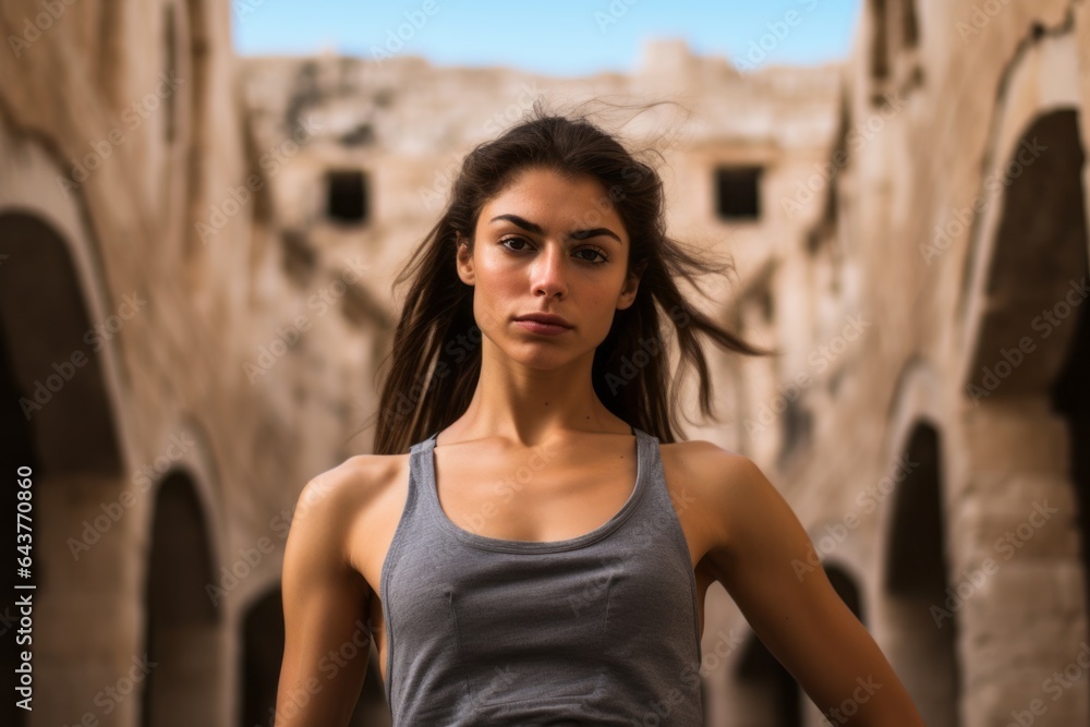 Fototapeta premium Medium shot portrait photography of a content girl in his 20s wearing a stylish sports bra at the crac des chevaliers in homs governorate syria. With generative AI technology