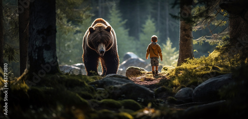 Meeting between a human and a bear in the forest.