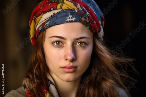 Headshot portrait photography of a tender girl in her 20s wearing a colorful bandana at the crac des chevaliers in homs governorate syria. With generative AI technology