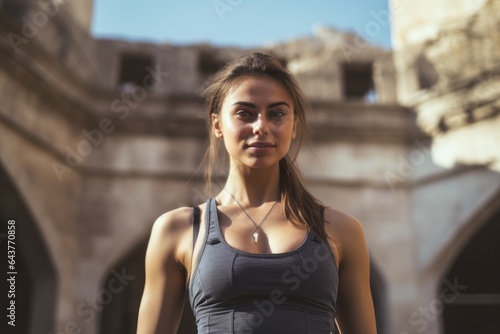 Medium shot portrait photography of a content girl in his 20s wearing a stylish sports bra at the crac des chevaliers in homs governorate syria. With generative AI technology