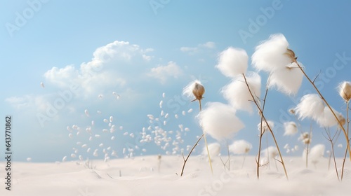  a group of cotton plants blowing in the wind on a sunny day.  generative ai