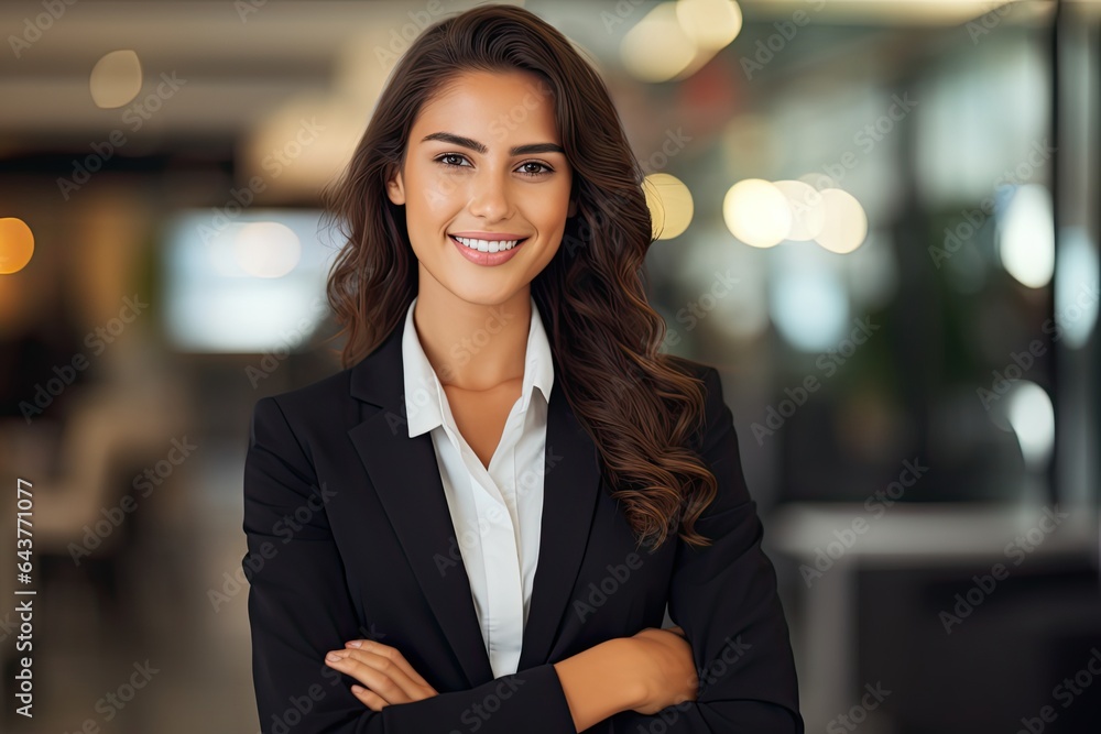 Naklejka premium Confident and Successful Young Businesswoman Smiling with Professional Attire: Corporate Executive in a Business Meeting. 