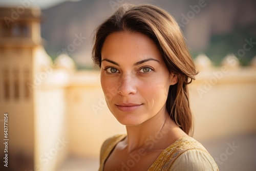 Free Download Headshot portrait photography of a glad girl in her 30s wearing a comfortable yoga top at the amber fort in jaipur india. With generative AI technology - GFXLoad