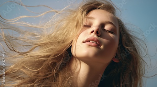 Close-Up Portrait of a Teenage Caucasian Girl with Eyes Closed and Long Blond Wavy Hair Blowing in the Wind
