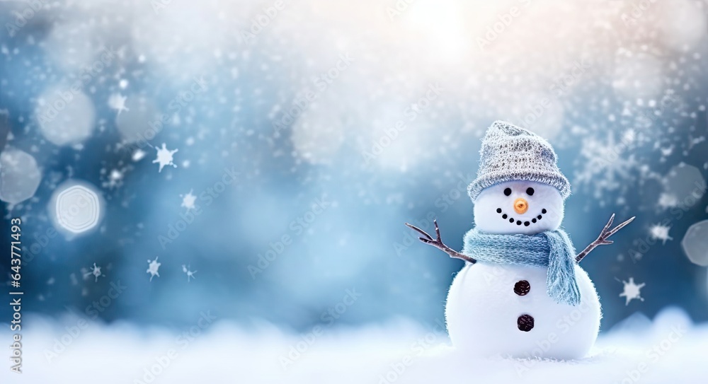 Winter Wonderland Christmas Background with Snowman, Blurred Bokeh and Blue Colors. Beautiful Calm Blue Christmas Card with Copy-space for Celebrations