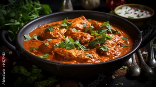 Spicy and aromatic Indian butter chicken simmering in a slow cooker, with a creamy tomato sauce. 