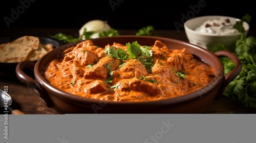 Spicy and aromatic Indian butter chicken simmering in a slow cooker, with a creamy tomato sauce. 