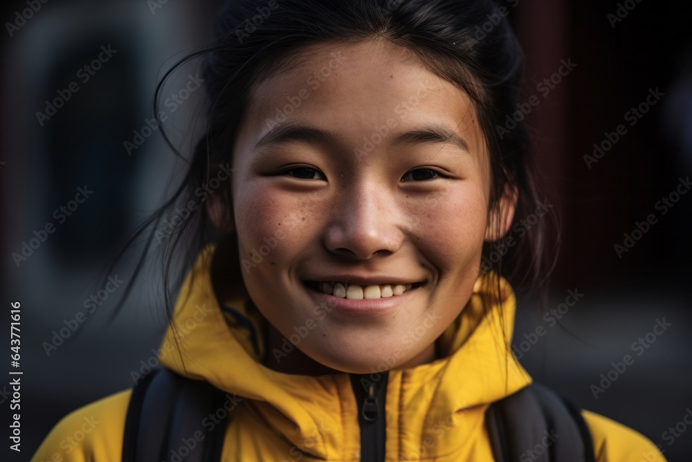 Close-up portrait photography of a grinning girl in her 40s wearing a breathable mesh jersey at the potala palace in lhasa tibet. With generative AI technology Close-up portrait photography of a grinning girl in her 40s wearing a breathable mesh jersey at the potala palace in lhasa tibet. With generative AI technology