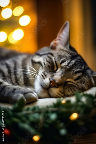 A tabby cat sleeps among Christmas gifts against the background of festive Christmas tree decorations and lights
