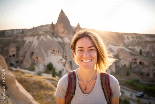 Lifestyle portrait photography of a happy girl in her 40s wearing a sporty polo shirt at the cappadocia in nevsehir province turkey. With generative AI technology photo