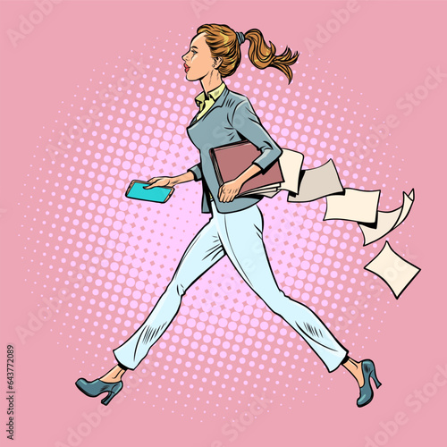 Morning work routine of an office worker. A girl in a suit is in a hurry to go to work or a meeting, and she has papers from documents lying around. Pop Art Retro