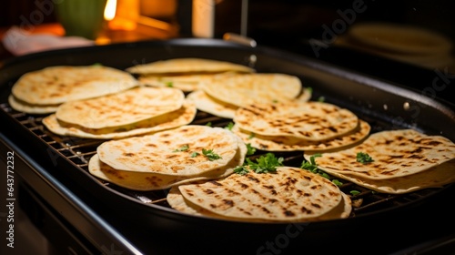Tantalizing corn tortillas warming up on a griddle for taco night.