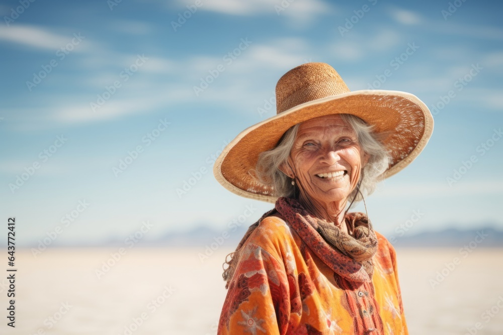 Environmental portrait photography of a merry mature woman wearing a whimsical sunhat at the salar de uyuni in potosi bolivia. With generative AI technology