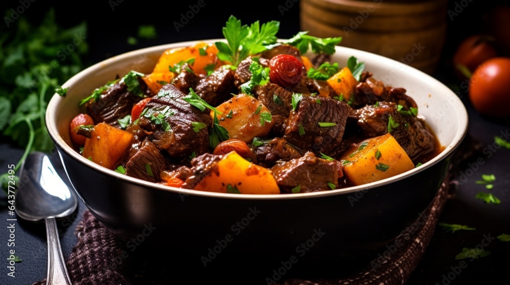 Tender beef stew with red wine simmering in a slow cooker, with carrots and potatoes. 