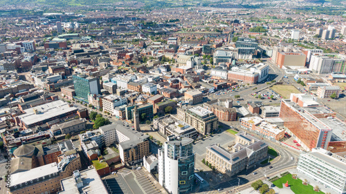 Aerial view on buildings and Lagan River in City center of Belfast Northern Ireland. Drone photo, high angle view of town © Maciej