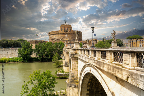 Saint Angel Castle (Mausoleum of Hadrian) and Saint Angelo bridge over the Tiber river in Rome, Italy
