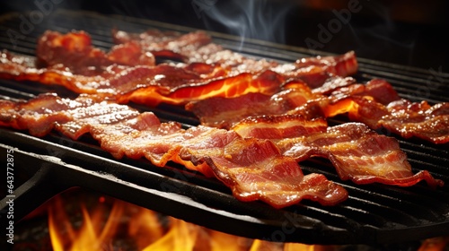 Thick  savory bacon strips cooking on a griddle  releasing their mouthwatering aroma. 