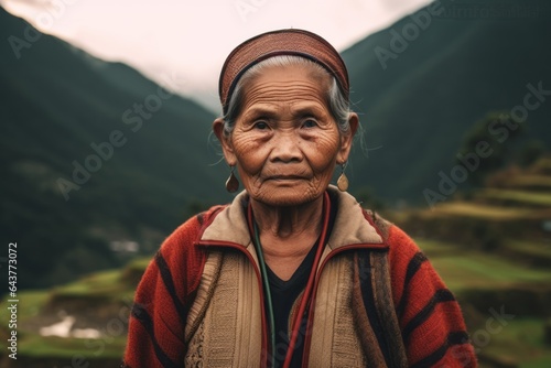 Environmental portrait photography of a content mature woman wearing a durable down jacket at the banaue rice terraces in ifugao philippines. With generative AI technology photo