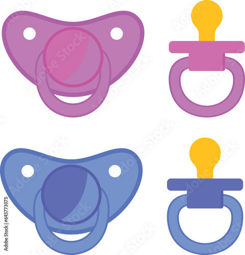 Pacifier soother, binky or dummy, piece, bobo, nookie, teething ring, device, sugar tit, teether, comforter, soother, Dodie pink and blue stock vector image photo