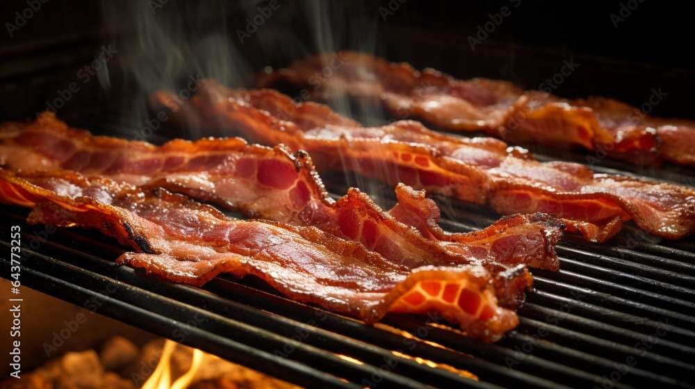 Thick, savory bacon strips cooking on a griddle, releasing their mouthwatering aroma. 